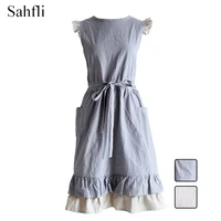 retro simple two mixed color ruffled pastoral style thickened and increased cotton womens sleeveless apron gardening overalls