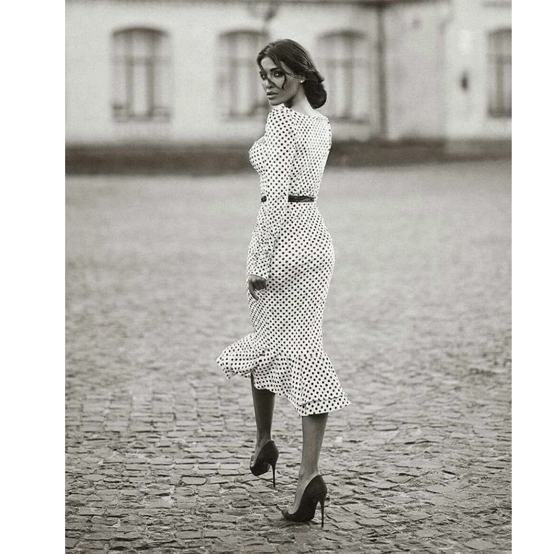 

Elegant White Knotted Strap Polka-dot Mermaid Hem Summer Pencil Midi Dress Women Slim Bodycon Office Lady Ruffle Dresses