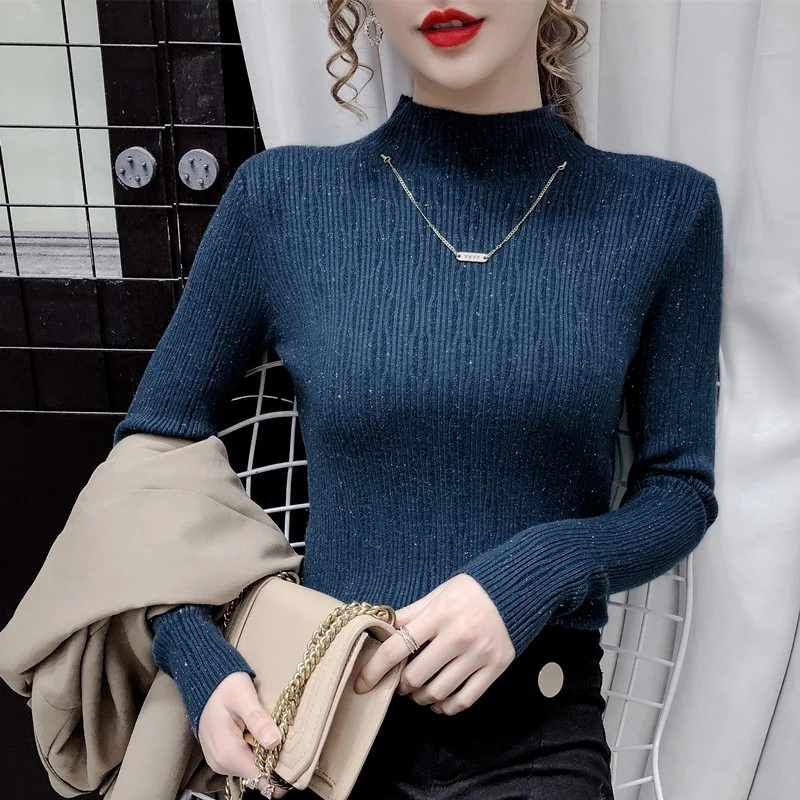 

Half high neck bright silk sweater bottoming shirt women inner wear autumn slim long-sleeved western-style middle-neck sweater