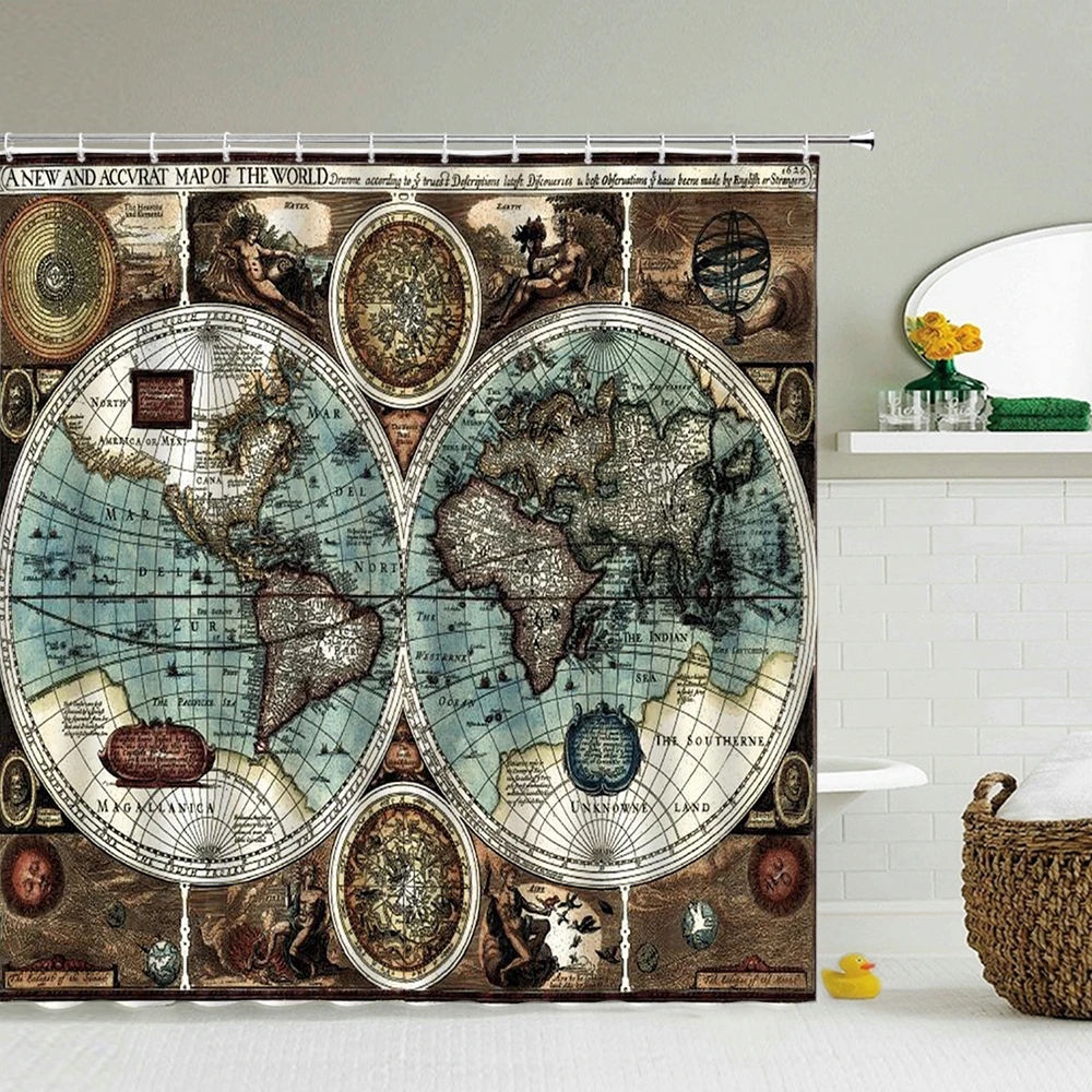 

High Quality Retro World Map Shower Curtain Waterproof Bathroom Polyester Fabric Bathroom Curtain Decoration Bath Screen