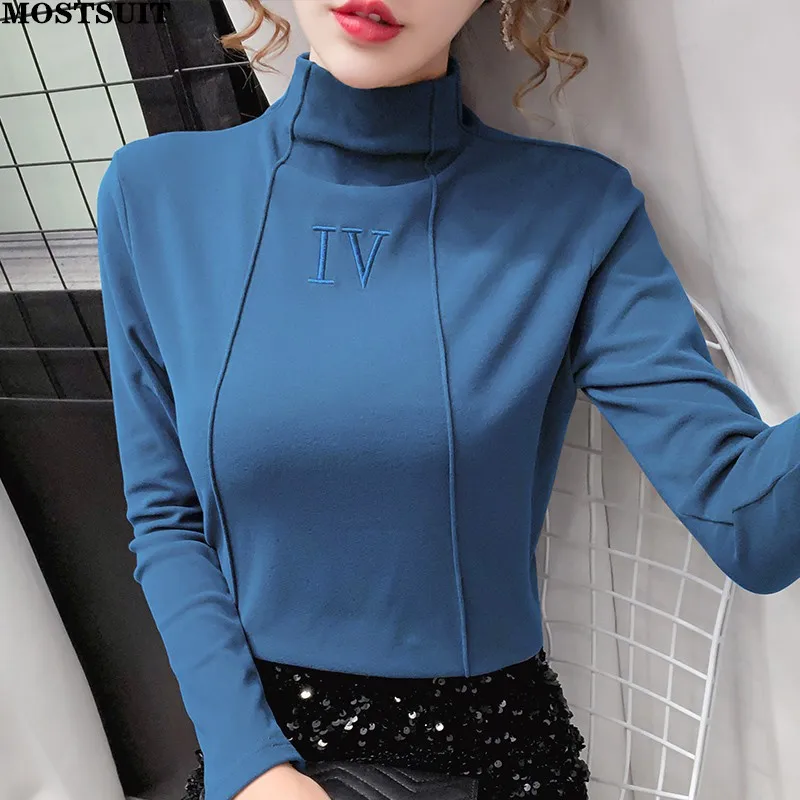 

Spring Autumn Elegant Thicken Warm Letter Embroidery T-shirt Women Long Sleeve Tees Tops Plus Size Turtleneck Tshirt Clothing