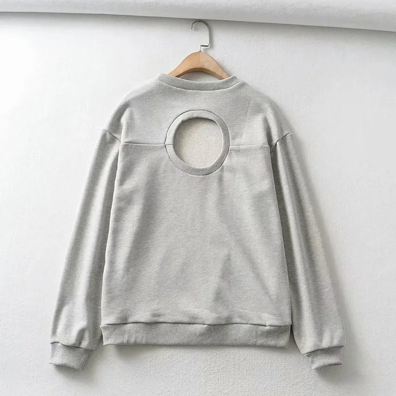 

2021 Vintage Woman Solid color Cotton Autumn Casual Ladies Warm Hooded Pullover Female Loose The back hollow out Women clothing