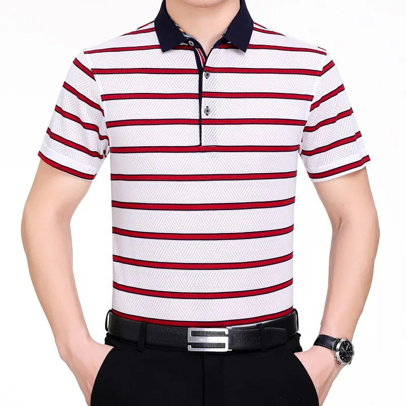

2021 high end stripe mulberry silk short sleeve t-shirt men's summer thin casual middle-aged ice silk half sleeve polo shirt