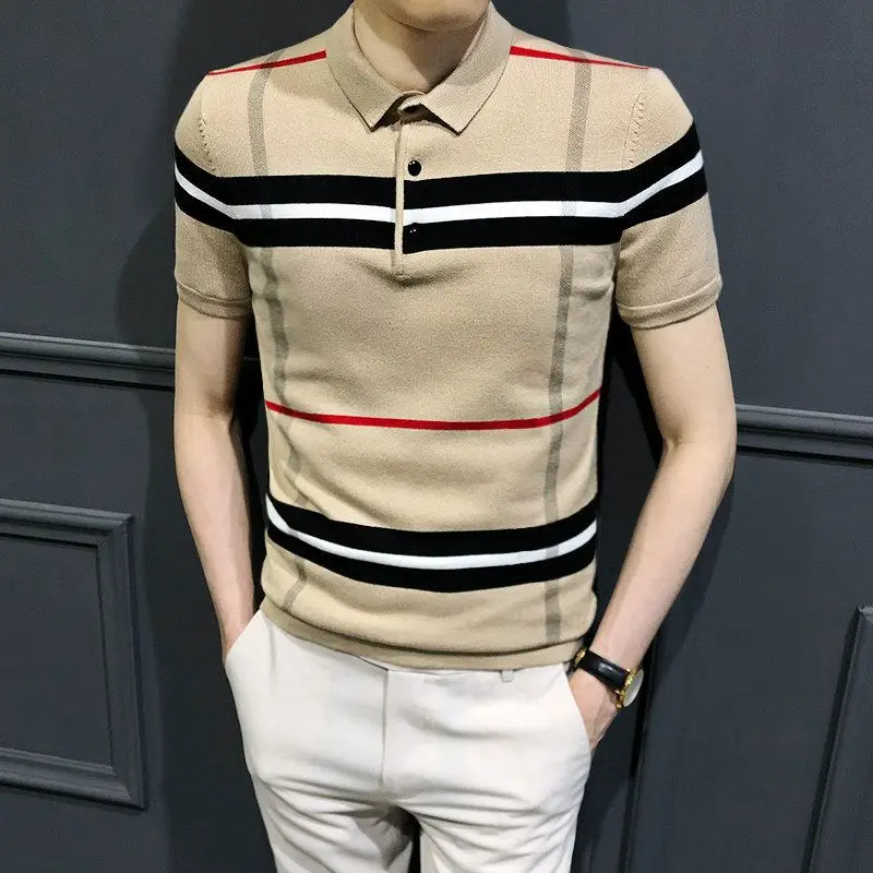 

Striped men's Polo short sleeve slim fit shirt T-shirt Lapel Korean casual knitting shirt