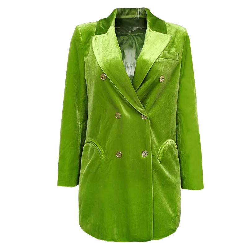 2019 Autumn New Avocado Green Blazer Women Long Sleeve Turn Down Collar Double Breasted Casual Female Velvet Coat | Женская одежда