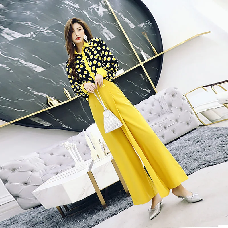 High Quality Women's Set 2020 Summer Fashion Ladies Turn-down Collar Polka Dot Print Tops Shirt +High Waist Split Yellow Pants