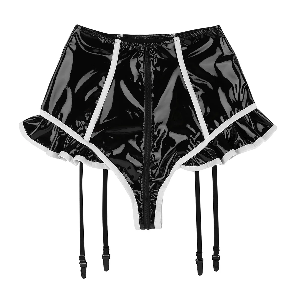 

Womens Rave Shorts Wetlook Faux Leather Ruffled and Lined Zipper Crotch High Waist Surspender Panties with Plastic Garters