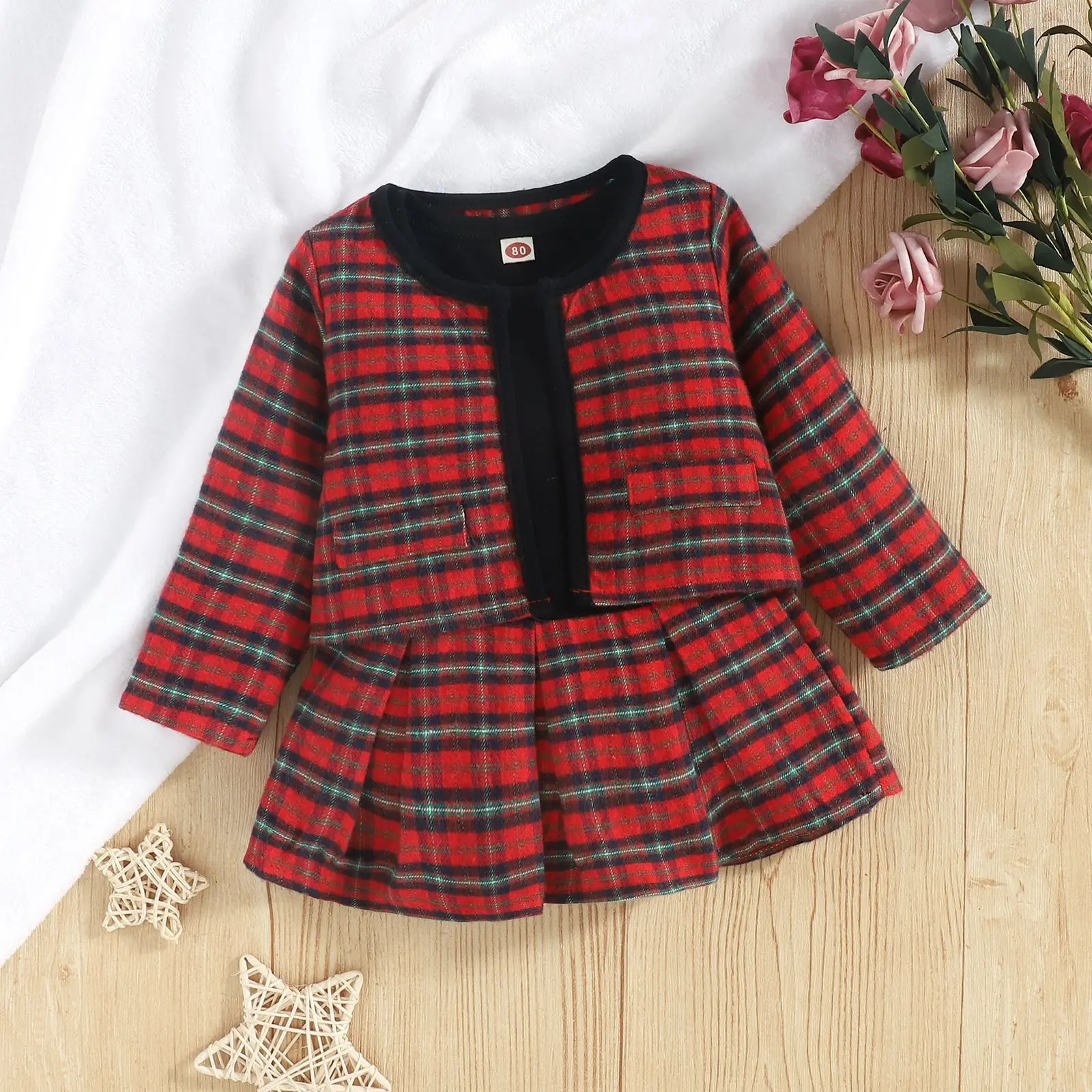 

2 шт., клетчатая кофта с длинным рукавом и платье для девочек