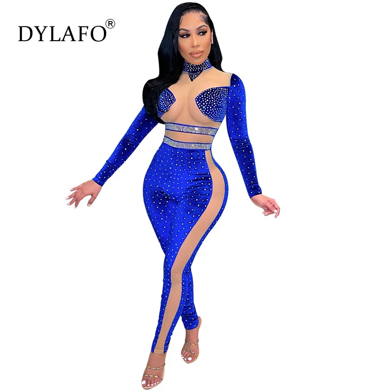 2022 женский комбинезон с длинным рукавом и блестками сетчатый прозрачный Клубная