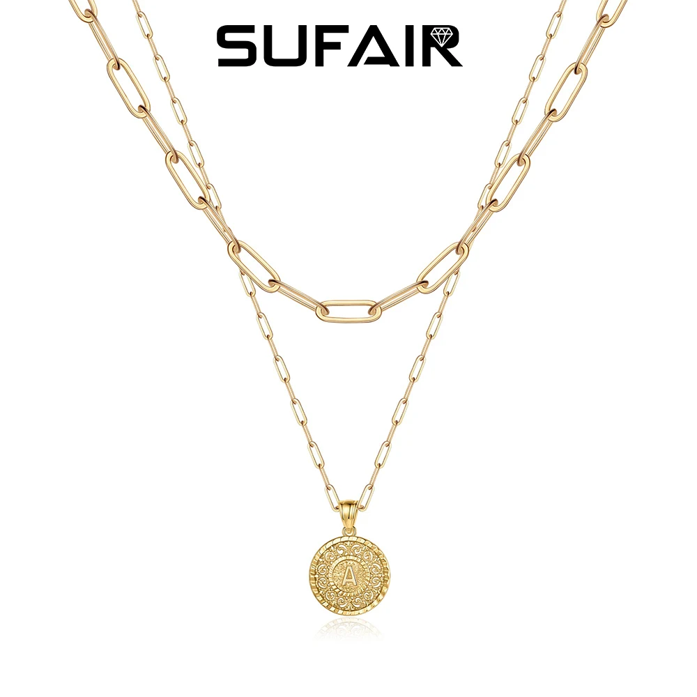 

Sufair Vintage Multi Layered Necklace for Women 14K Gold Filled Dainty Engraved Hammered Initial Pendant Coin Necklace Jewelry