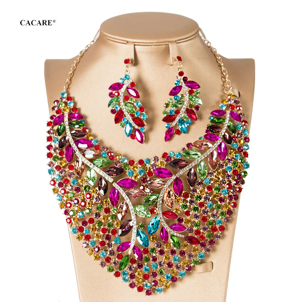 

Vintage Jewelry Sets Women Big Necklace Earring Set Dubai Gold Indian Jewellery F1030 Rhinestone Party Jewels 4 Colors CACARE