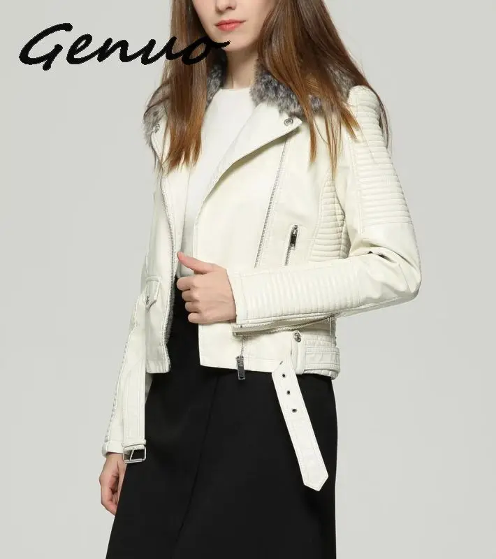 Куртка женская зимняя из искусственной кожи с меховым воротником|Кожаные куртки|