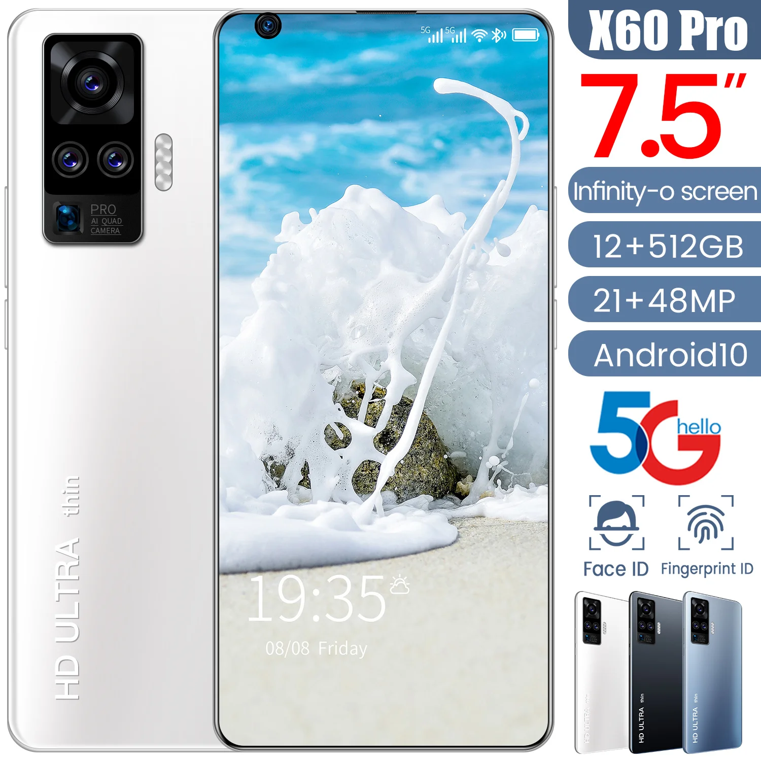 

2021 Global Version Smartphone X60 Pro 12G 512GB mobile phone 48MP camera cellular Daul SIM card 5600mAh 5G mobile phone