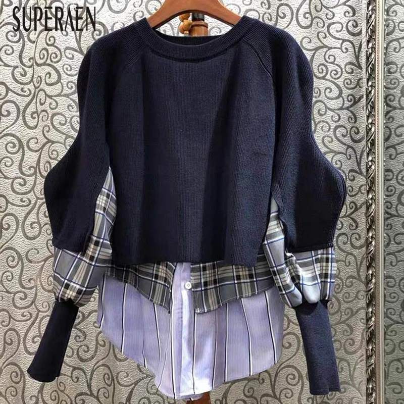 

SuperAen Fake Two-piece Pullovers Sweaters Female Spring and Autumn Pluz Size 2021 New Striped Plaid Stitching Sweater Female