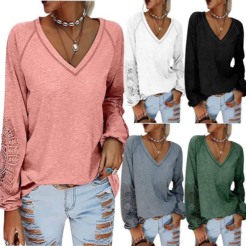 

Однотонные женские футболки с V-образным вырезом, кружевная блузка в стиле пэчворк с длинным рукавом, осенняя Женская Повседневная Уличная ...