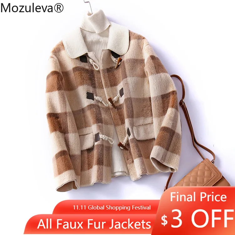 

Mozuleva 2021 Elegant Plaid Woolen Coat Short Fashion Women's Short-Height Fur Coat Ladies Faux Fur Thick Warm Fur Women Coat