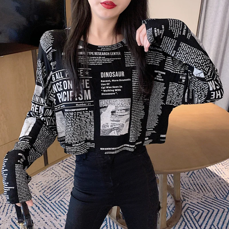 

2020 Autumn New Fashion Harajuku Loose Short Long Sleeve Shirt Printed Newspaper T-shirt street Sexy Tops