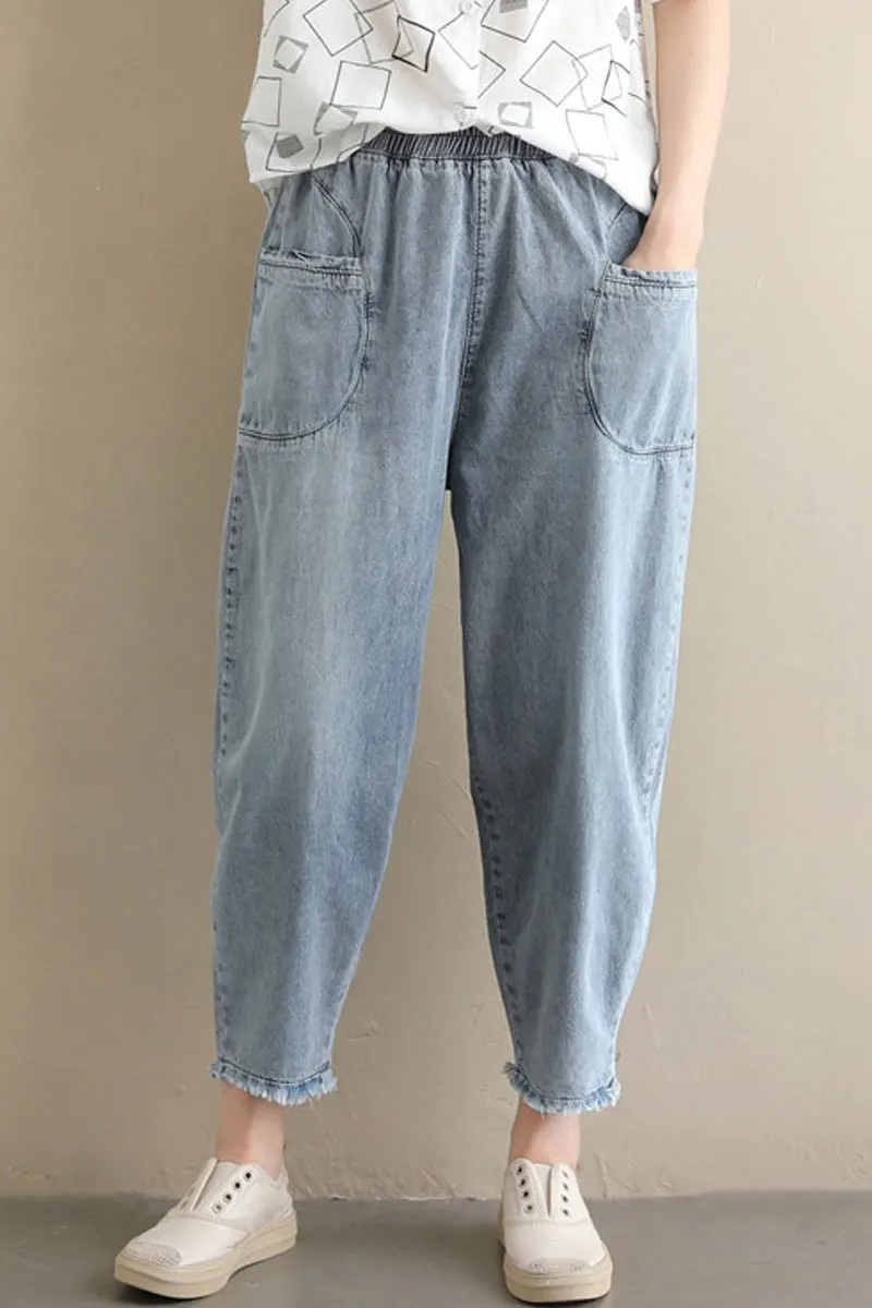 

Jeans women Elastic waist Pockets Bleached Vintage loose Harem pants Minimalism fam DM001