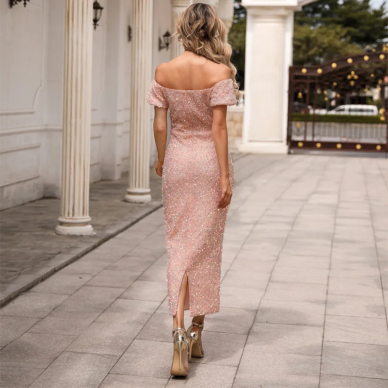 

Sladuo New 2021 Summer Sexy Bra Party Dress Sequin Maxi Dress Off the Shoulder Bodycon Elegant Wedding Women Dresses M0704
