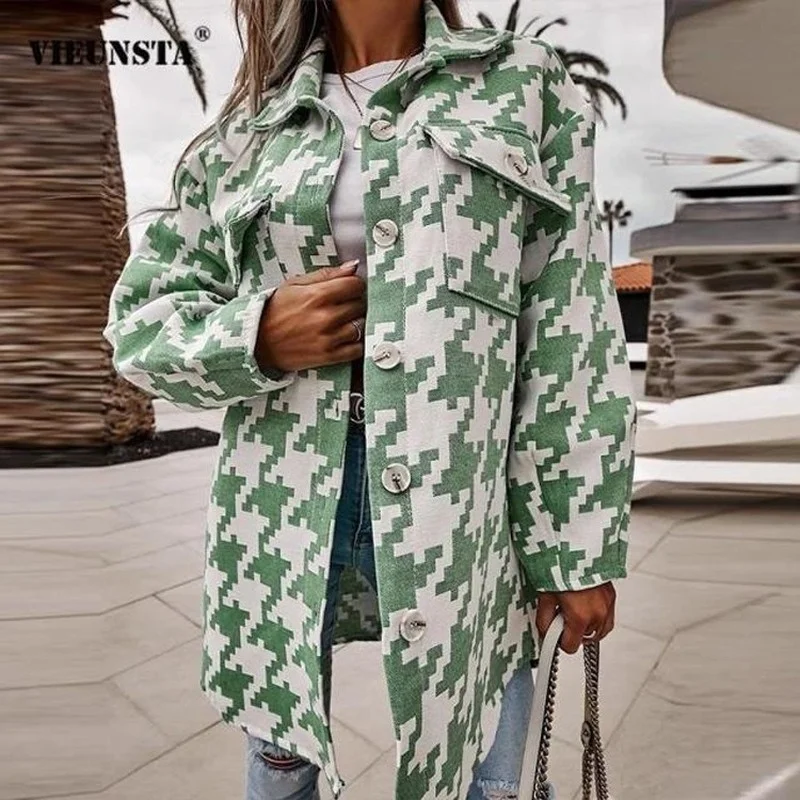 

Женское шерстяное пальто в клетку, Свободный кардиган большого размера с отложным воротником, пальто для осени и зимы