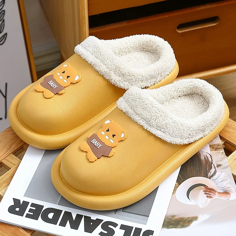 

Home Slippers Women Winter Warm Cartoons Little bear Furry Short Plush Outdoor Waterproof Bedroom Slippers Non Shoes Couples Men