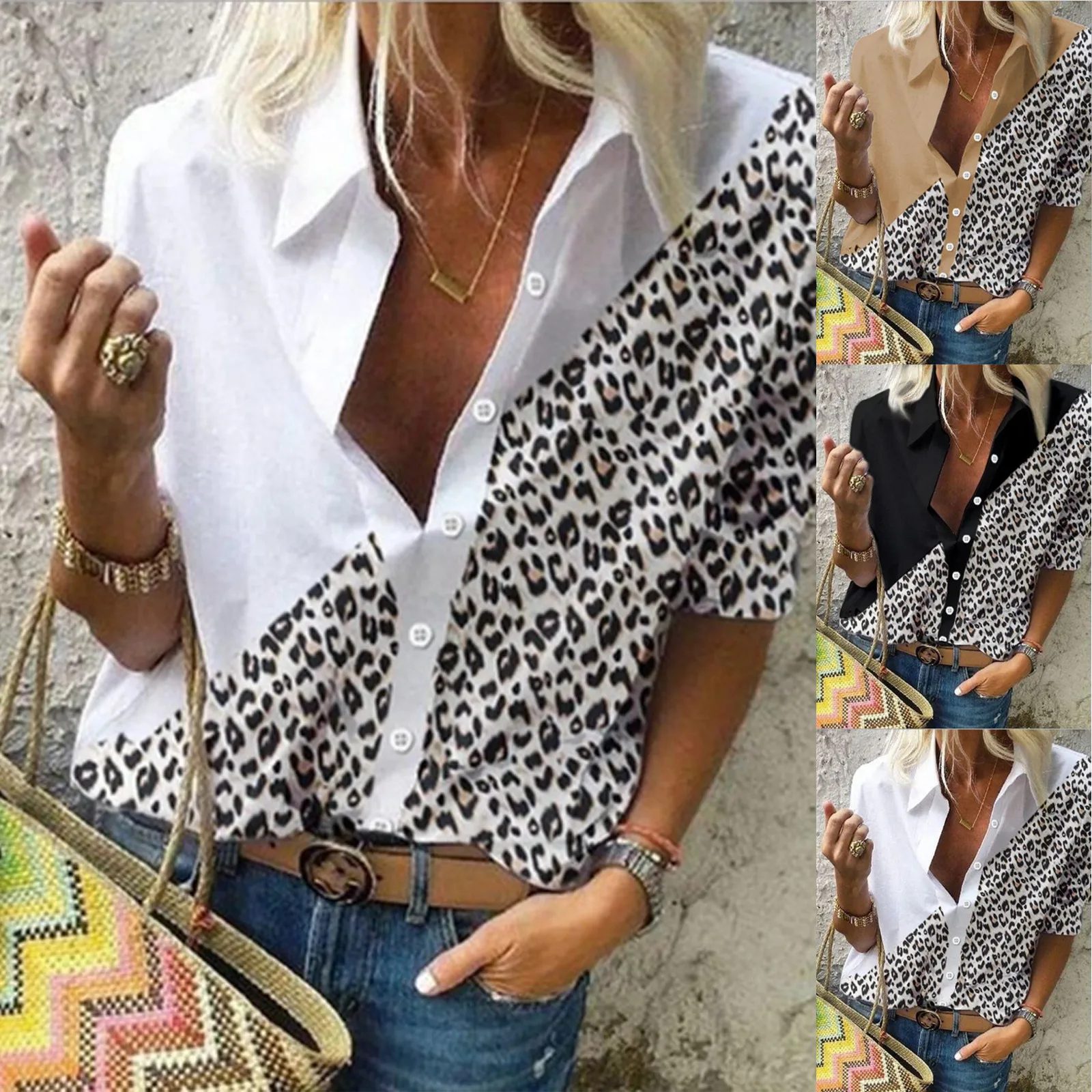 

Leopard Patchwork Casual Tops Women Fashion Loose Daily Turn-down Collar Button Shirt 2021 New Long Sleeves Female Streetwear T