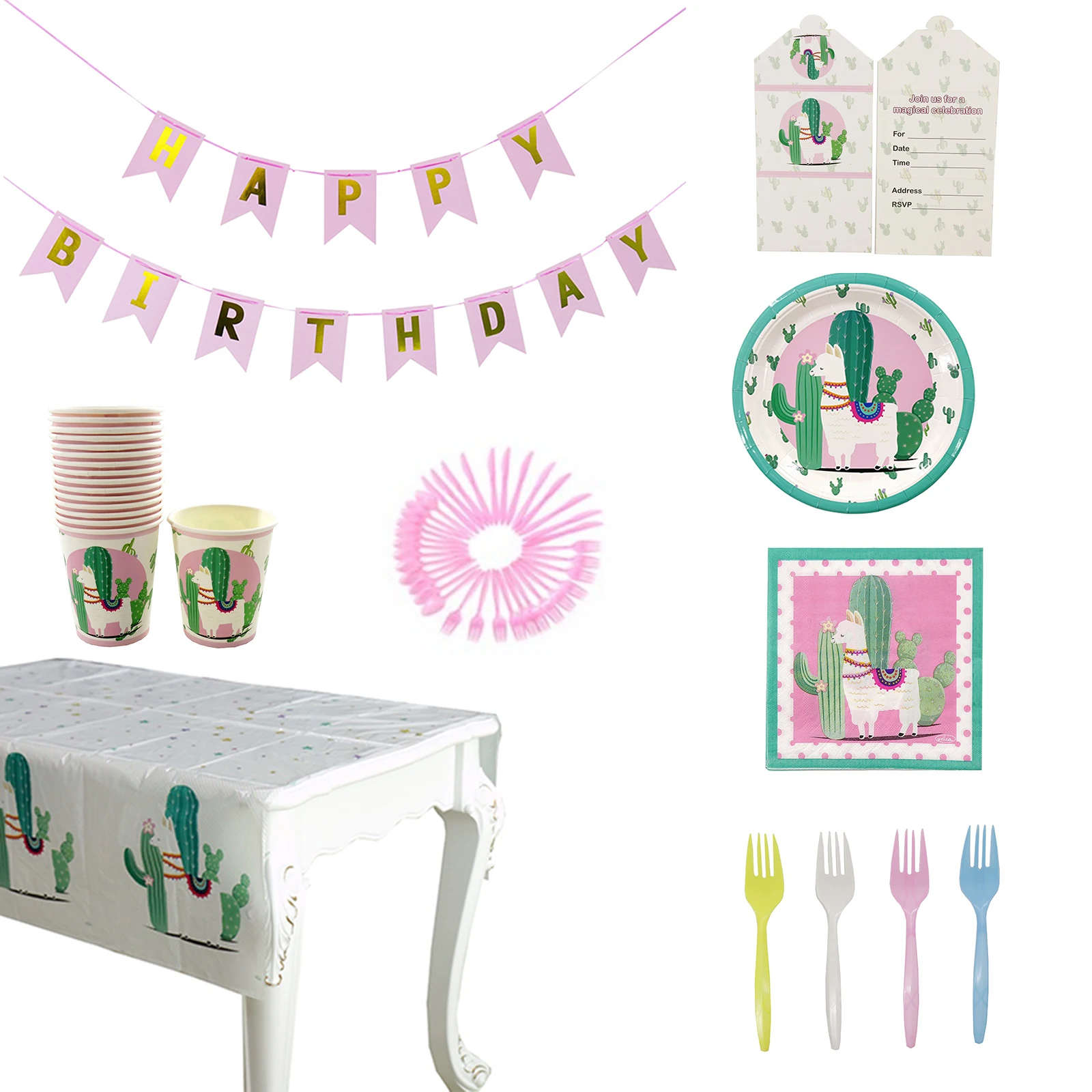 Набор одноразовой столовой посуды с ламой альпакой и КАКТУСОМ|Одноразовая