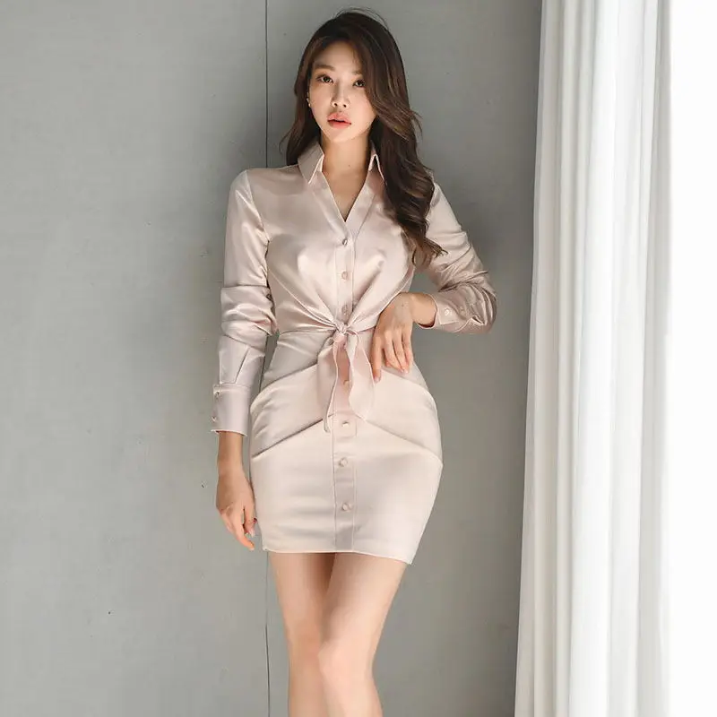 

Autumn Tight Sexy Mini Vestido Korean Club Pleated Dresses Turn-down Collar Long Sleeve Elegant Office Dress Female Shirt Dress