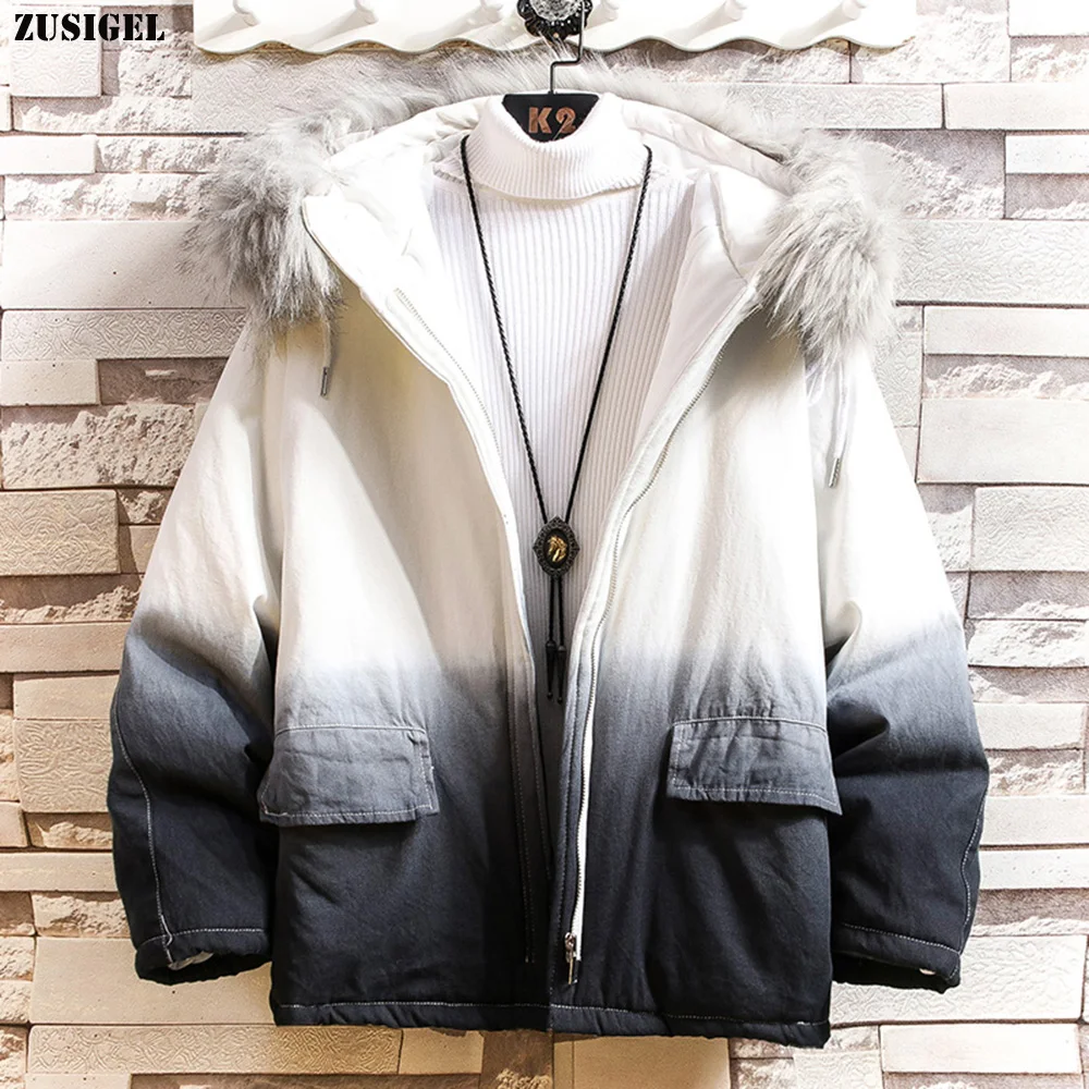 ZUSIGEL 2019 Новинка градиентный цвет утолщенное мужское зимнее пальто с меховым