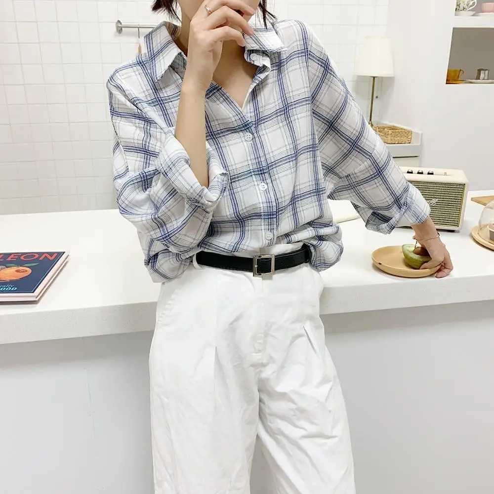 

Women blouses Shirt Sleeve Plaid Shirt Female Long Sleeve Korean Loose Shirt Plaid Coat Female Casual Womens Clothing 575J