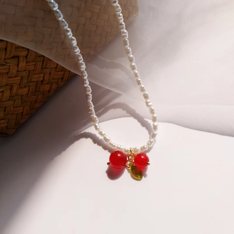 

Fashion Simulated-Pearl Temperament Beautiful Cherry Pendant Necklace Cute Romantic Chain Clavicle Necklace for Women Jewelry