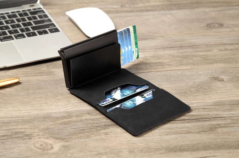 Для мужчин wo мужской RFID кошелек Блокировка Crazy Horse кожаный держатель для кредитных карт Алюминиевый металлический бизнес ID многофункциональный бумажник для карт