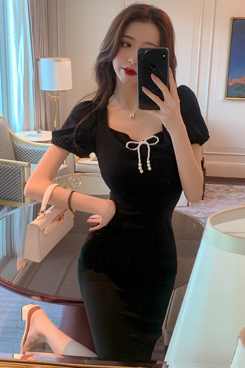 

COIGARSAM French Style Short Sleeve Women dress Vintage Bow Pearl Dresses Black 3052