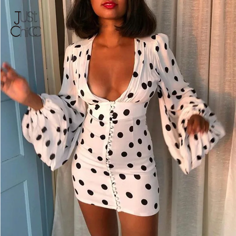 Justchicc осеннее Сексуальное женское платье в черный горошек с глубоким V образным