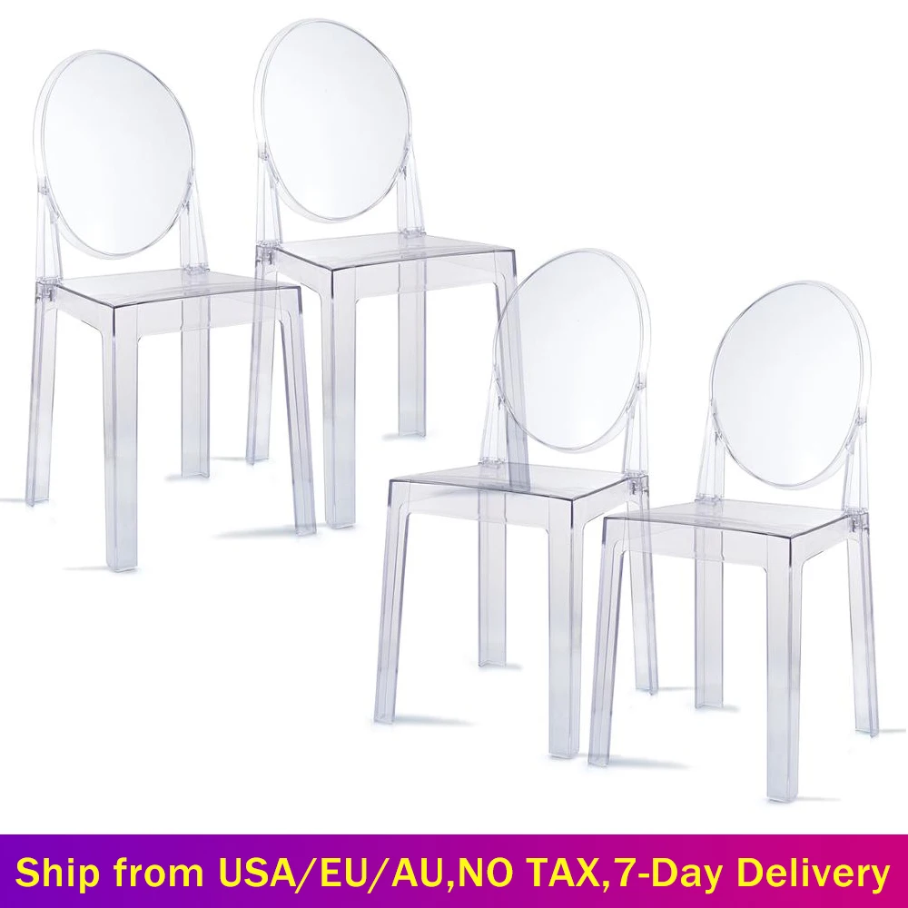 

Modern Set of 4 Ghost Side Chair Transparent Crystal Dining Chairs Plastic Acrylic Vanity Chair for Kitchen Wedding Party Garden