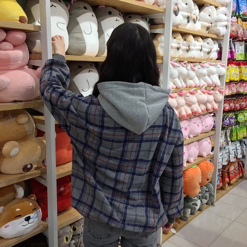 Harajuku флисовые кофты Женские клетчатые водолазки толстовки женские с длинным рукавом Повседневные Большие размеры пуловер с капюшоном одежда толстовка
