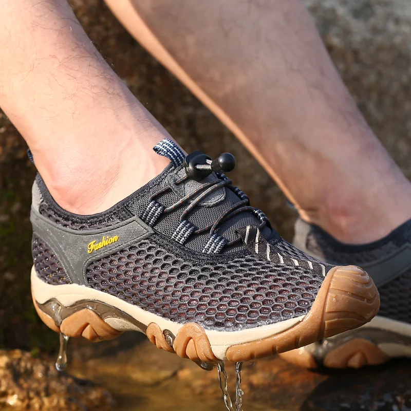 

Men Hiking Shoes Outdoor Lycra Mesh Mountain Climbing Shoes Man Summer Breathable Sneakers for Men Upstream Camping Sport Shoes
