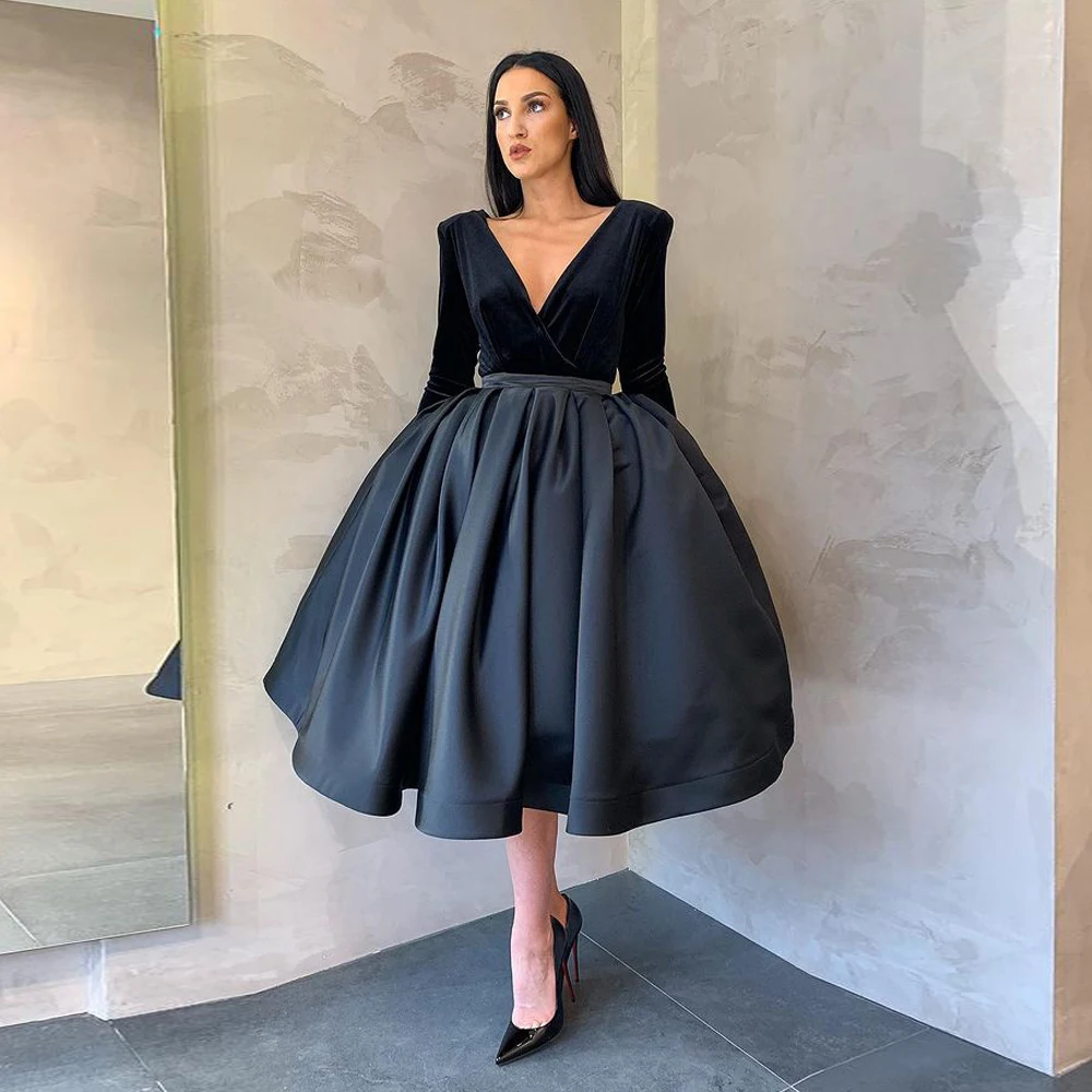 

Black Satin Velour Short Evening Dress Sexy Long Sleeves V Neck Ball Gown Party Dress Tea Length Prom Gown