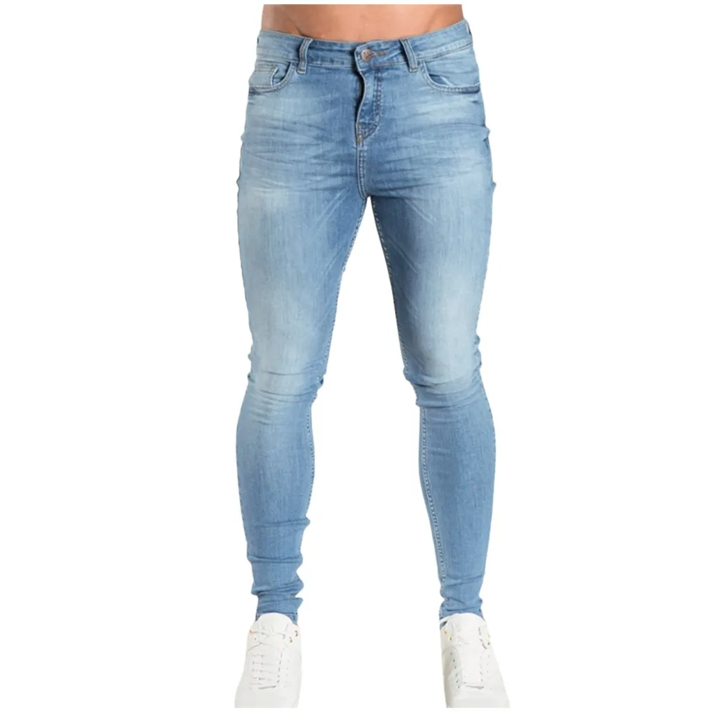 

Men's Fashion Solid Denim Trouser Distressed Jeans Long Pencil Pants Streetwear Jeans Skinny Ripped Destroyed Stretch Slim Fit