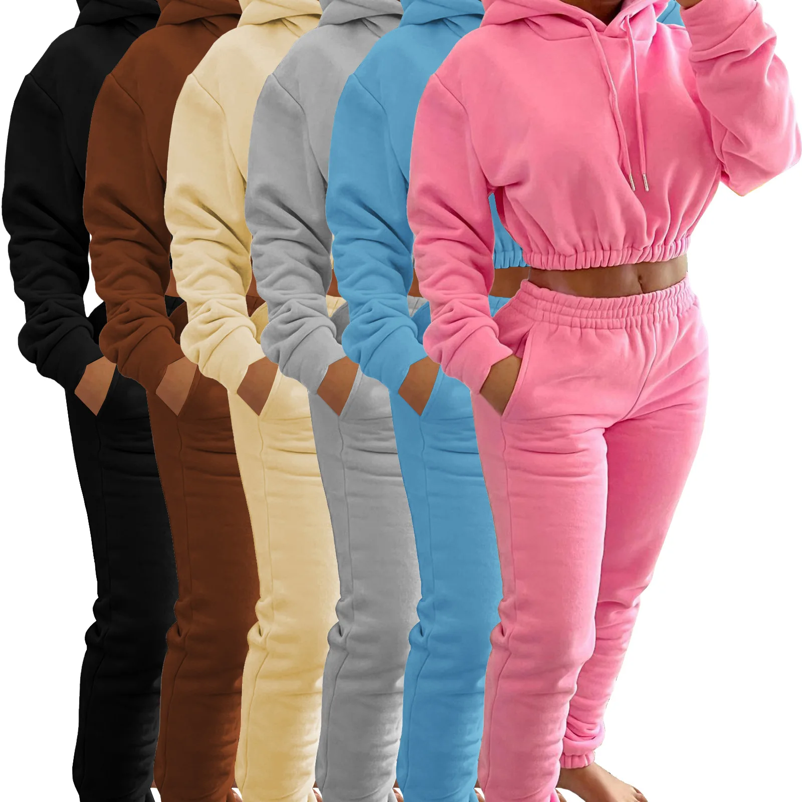 

2HR8201 Autumn Winter Women Casual Fashion Pure Color Plus Velvet Sports Hood Two Piece Set Hot