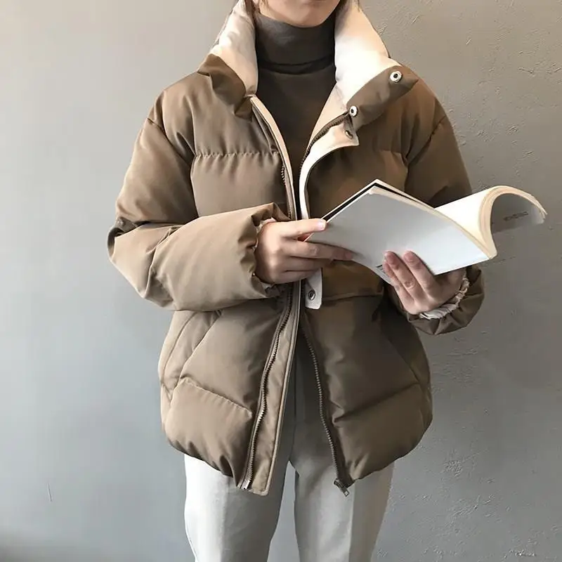 Теплое пальто с воротником-стойкой Женская однотонная короткая Корейская