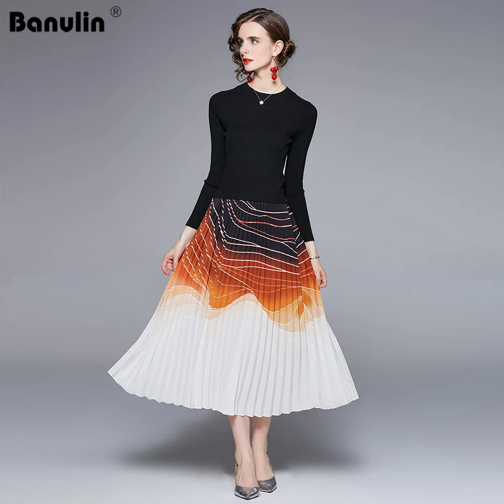 

Banulin Elegant Women's Knitted Patchwork Gradient Print Pleated Dress Autumn Fashion Long Sleeve Hollow O Neck Belt Midi Dress
