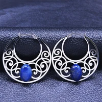 bohemia yoga flower lapis lazuli stainless steel big hoop earring silver color flower basket circle earrings jewelry e9355s04