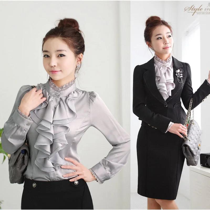 Блузка женская с воланом и воротником-стойкой роскошная шелковая рубашка под