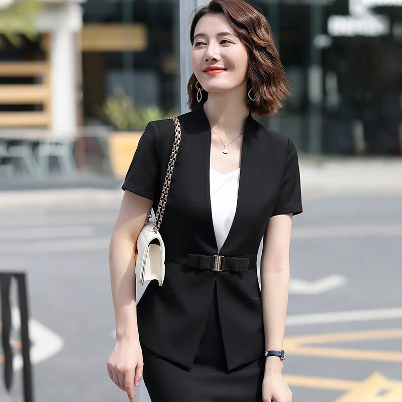 Female Elegant Formal Office Work Wear Summer Women Business Skirt Suits and Jacket Sets Ladies Clothes Short Sleeve Grey Blazer | Женская