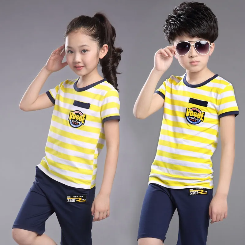 Летние Детские хлопковые комплекты из 2 предметов в полоску с короткими рукавами