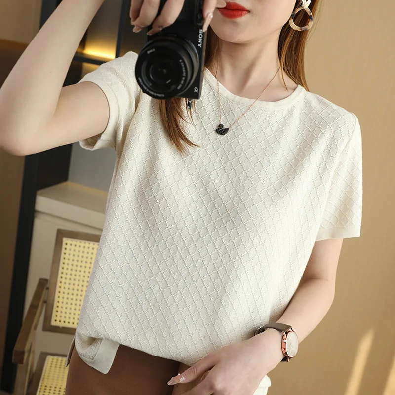 

100% Cotton Sweater Women Summer Fashion Solid Striped Short Sleeve Female Pullover Knitwear Elegant Chic Office Lady Tops Tees