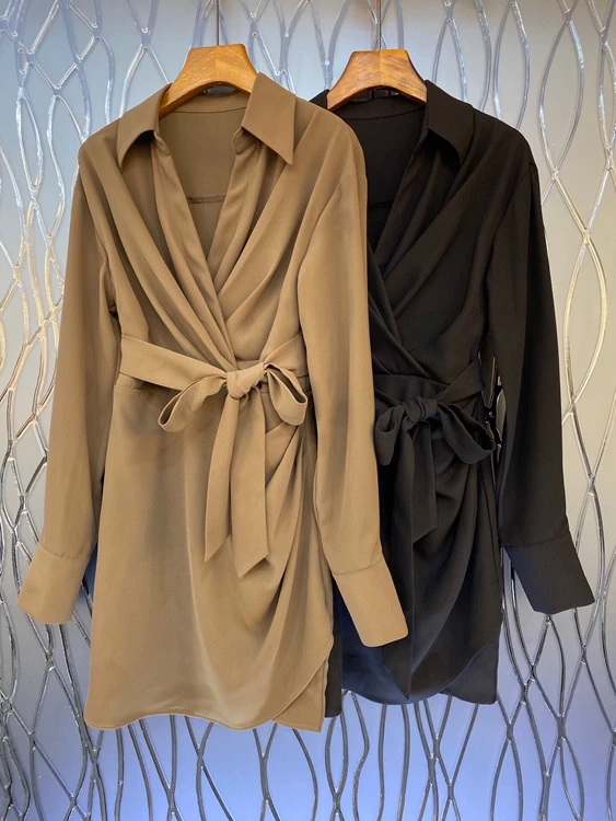 

Женское платье с длинными рукавами, однотонное платье с V-образным вырезом и завязывающейся талией, модель 2021, 910