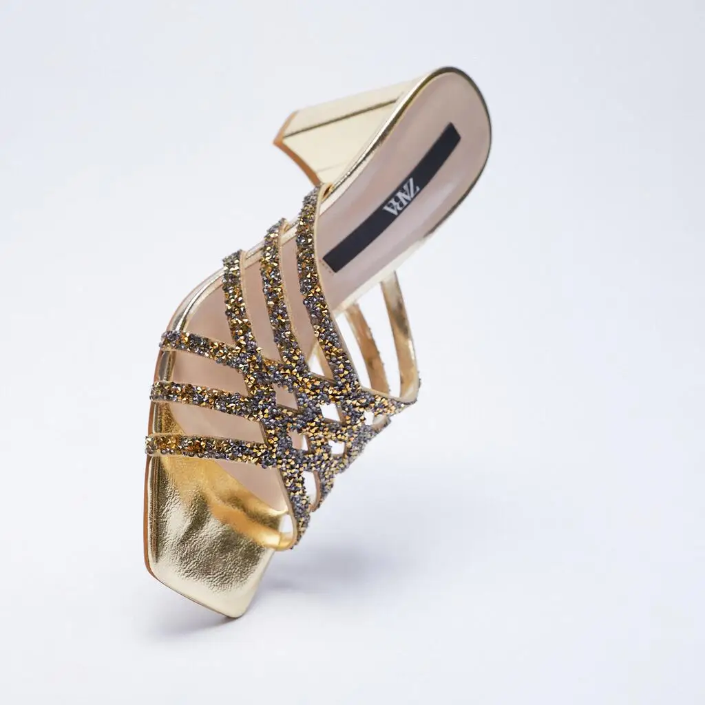 

2021 Summer New Style Women's Shoes Golden Metal High-heeled Shoes Sandals Women