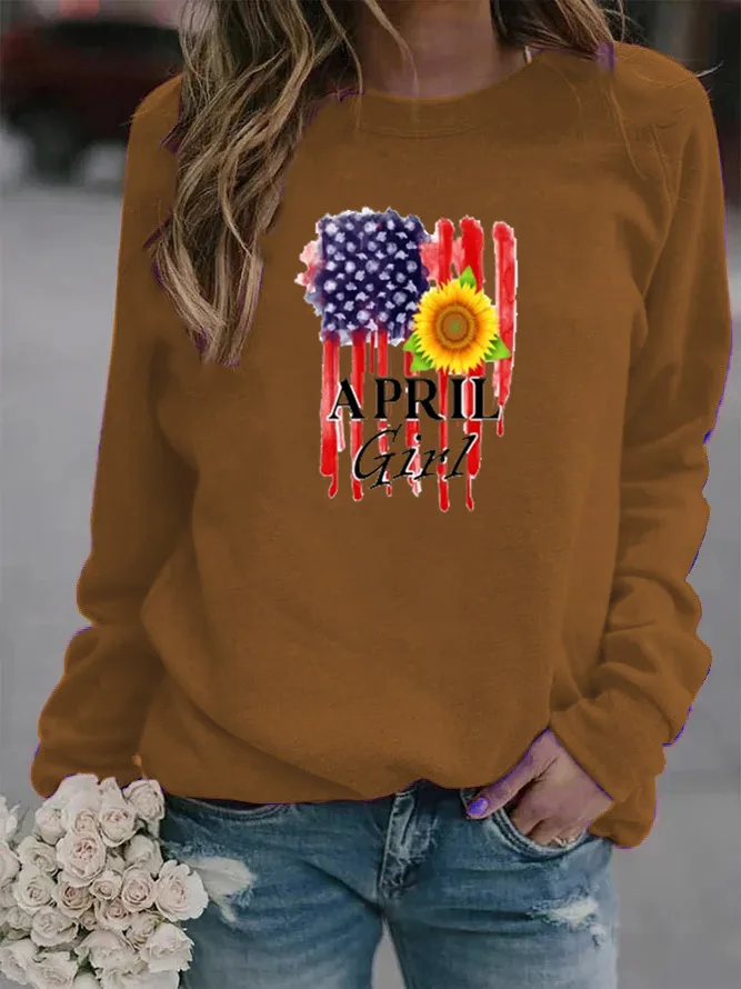 

Women Hoodie US Flag April Girl Printed Hoodies Women Fleece Long Sleeve O Neck Loose Sweatshirt Girls Pullovers Autumn Winter